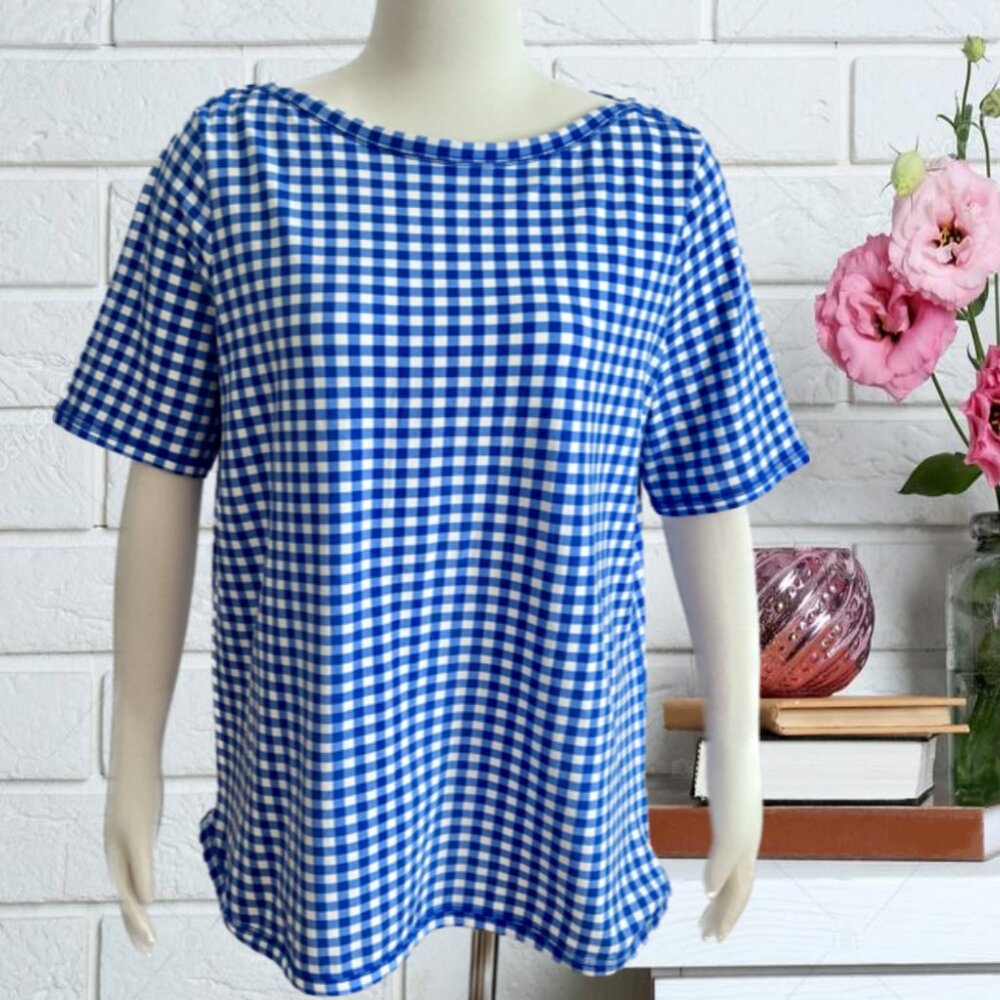 Talbots Blue And White Gingham Plaid Short Sleeve Boat Neck Tee (1X) Like New